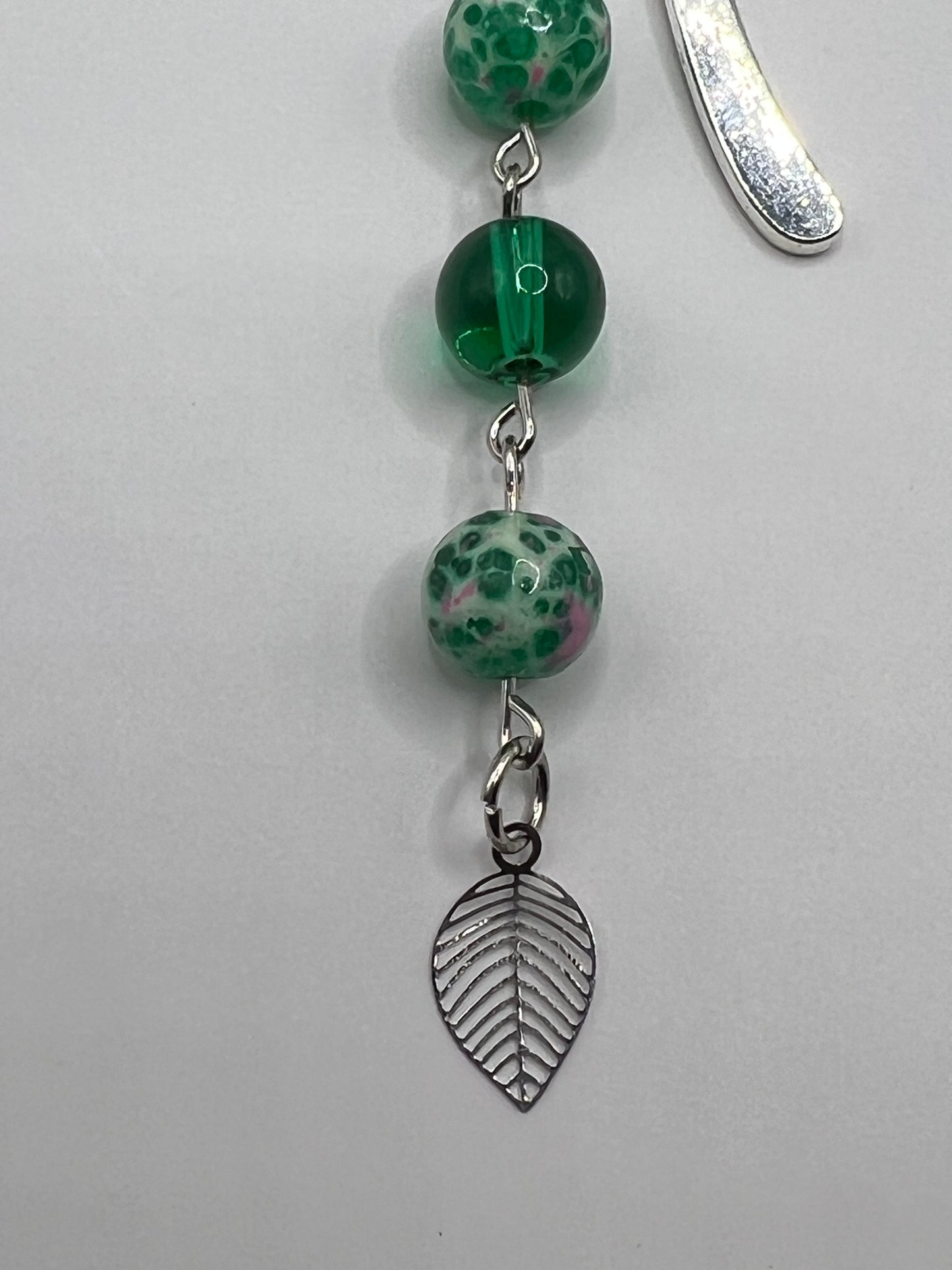 Green silver leaf beaded bookmark