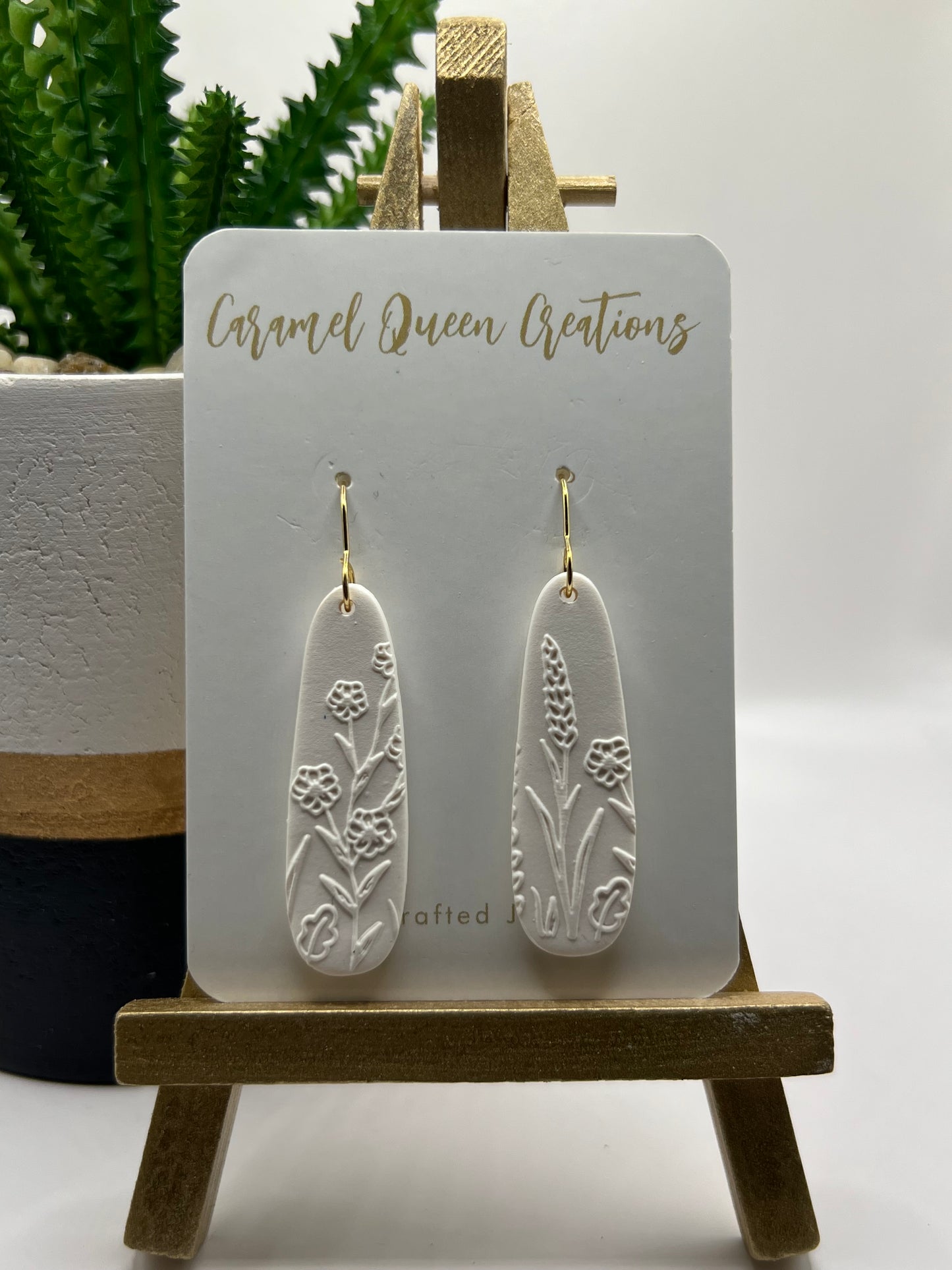White floral imprinted dangles