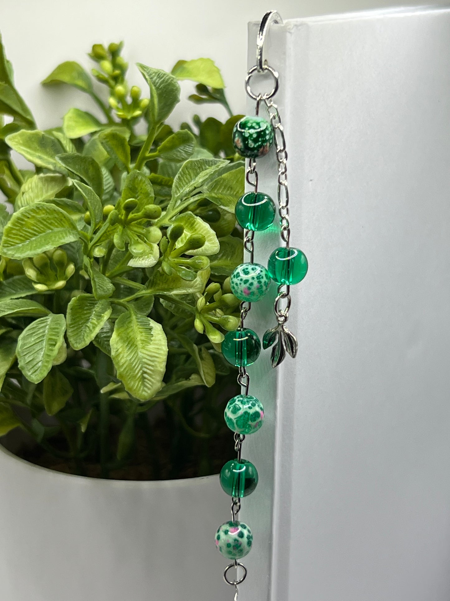 Green silver leaf beaded bookmark