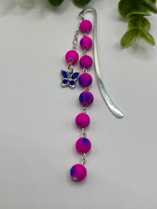 Hot pink and blue butterfly beaded bookmark