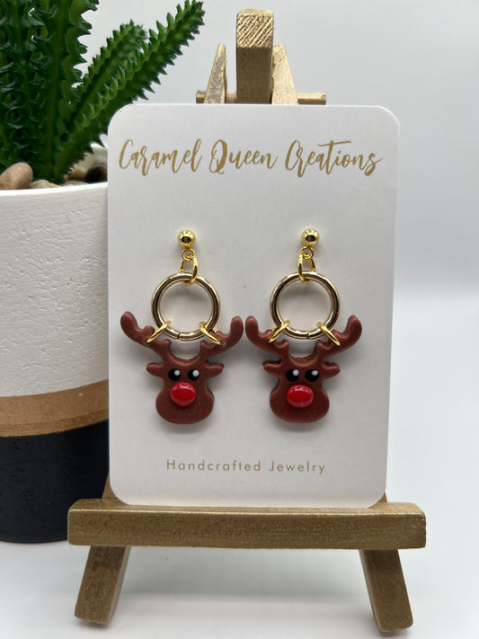 Rudolf the “red nose” reindeer gold hoop dangles