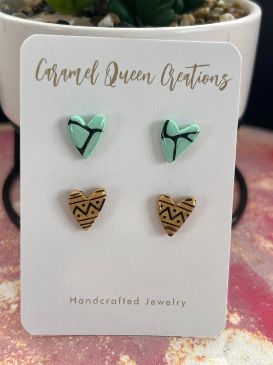 Mint green/ gold and black tribal hearts