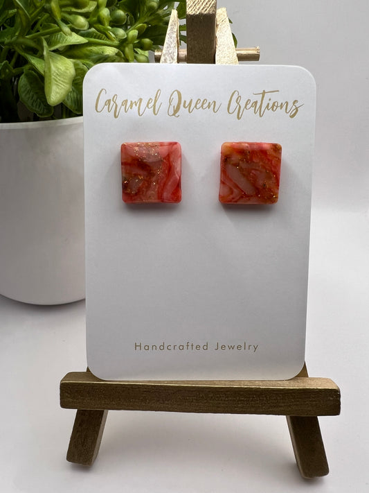 Red marbled square dangle earrings