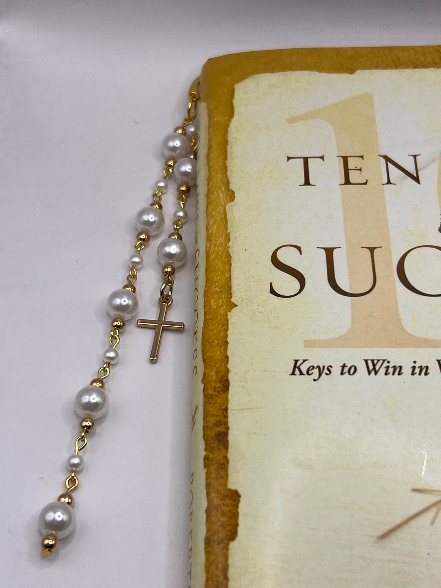 Gold plated cross with faux pearl beaded bookmark