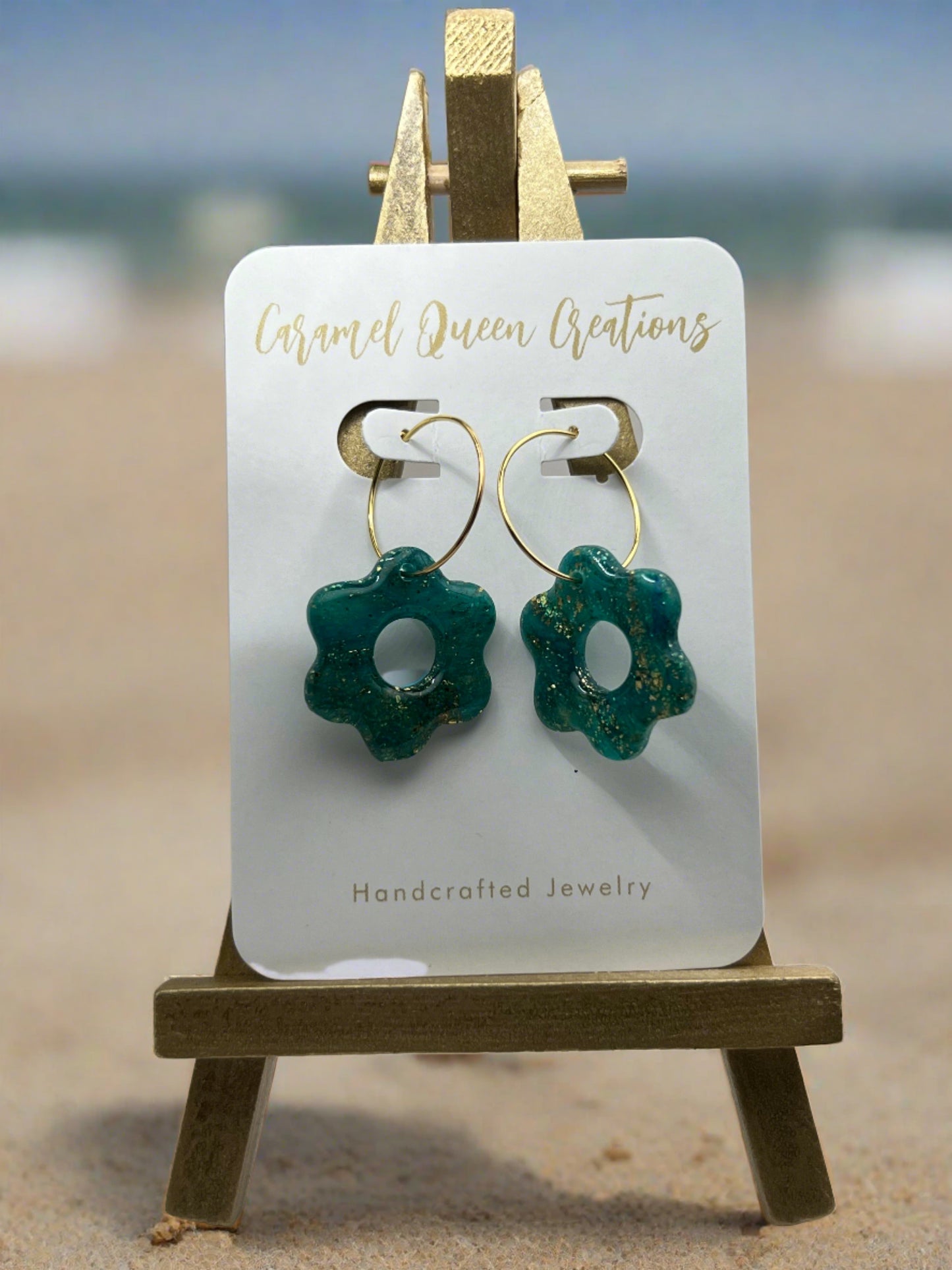 Blue/green translucent flower polymer clay earrings