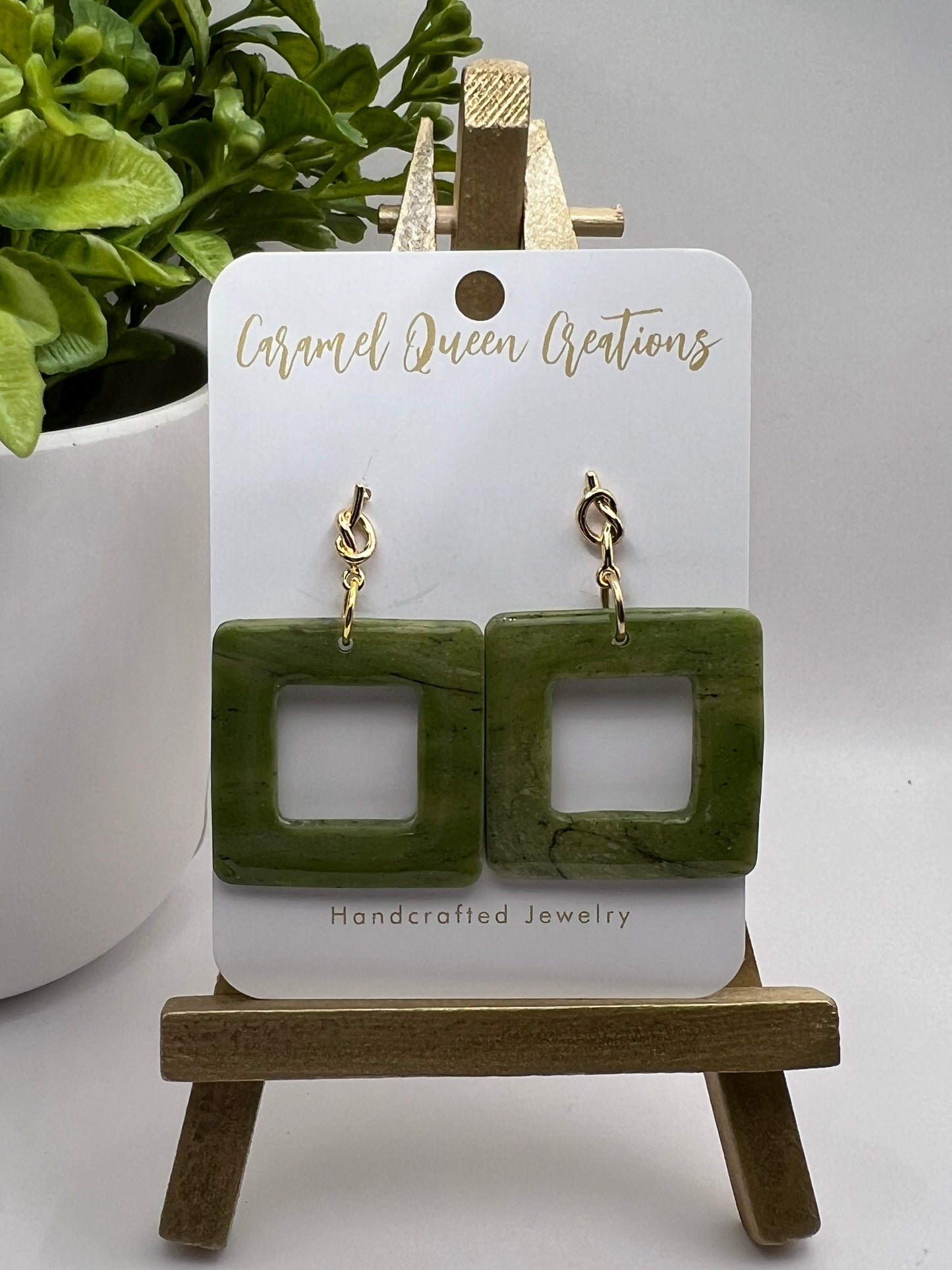 Olive green marbled square polymer clay dangle