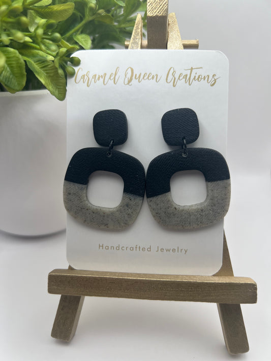 Black and granite polymer clay dangle earrings