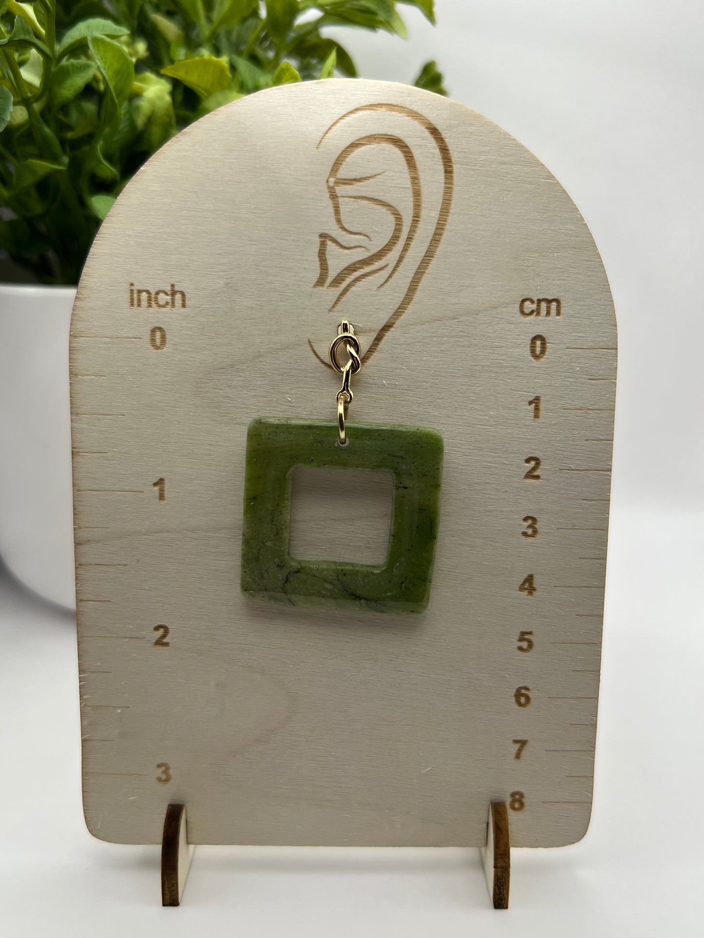 Olive green marbled square polymer clay dangle