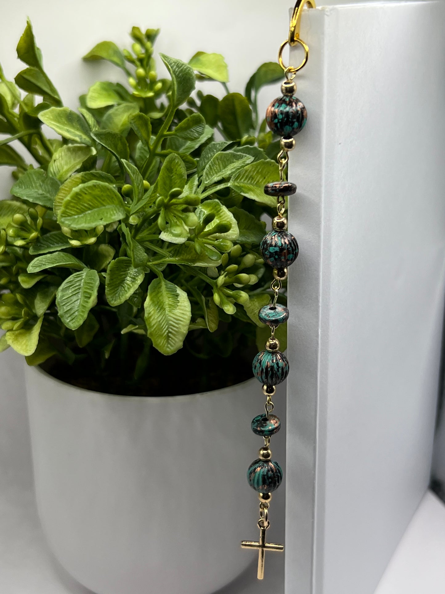 Teal and bronze beaded bookmark with cross charm