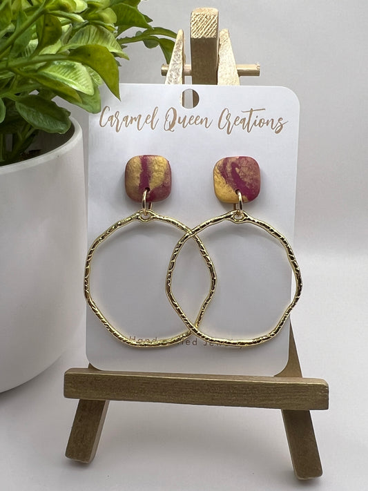 Fuchsia and gold marbled polymer clay dangle