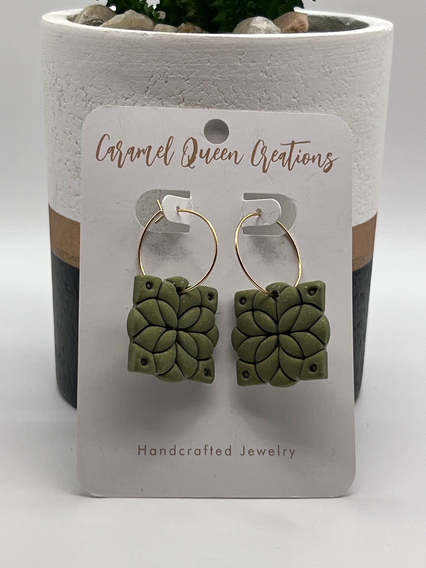 Green square imprinted hooped dangles