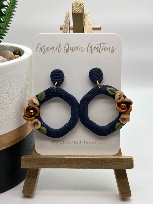 Navy flowery polymer clay earrings