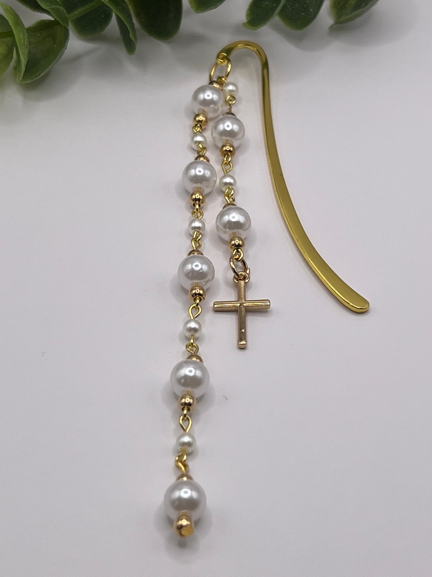 Gold plated cross with faux pearl beaded bookmark