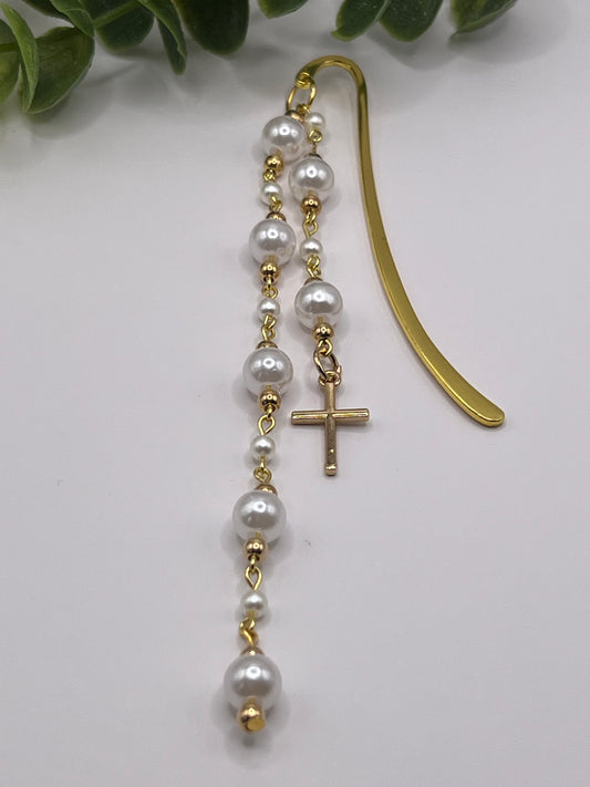 Gold plated cross with faux pearl beaded bookmark