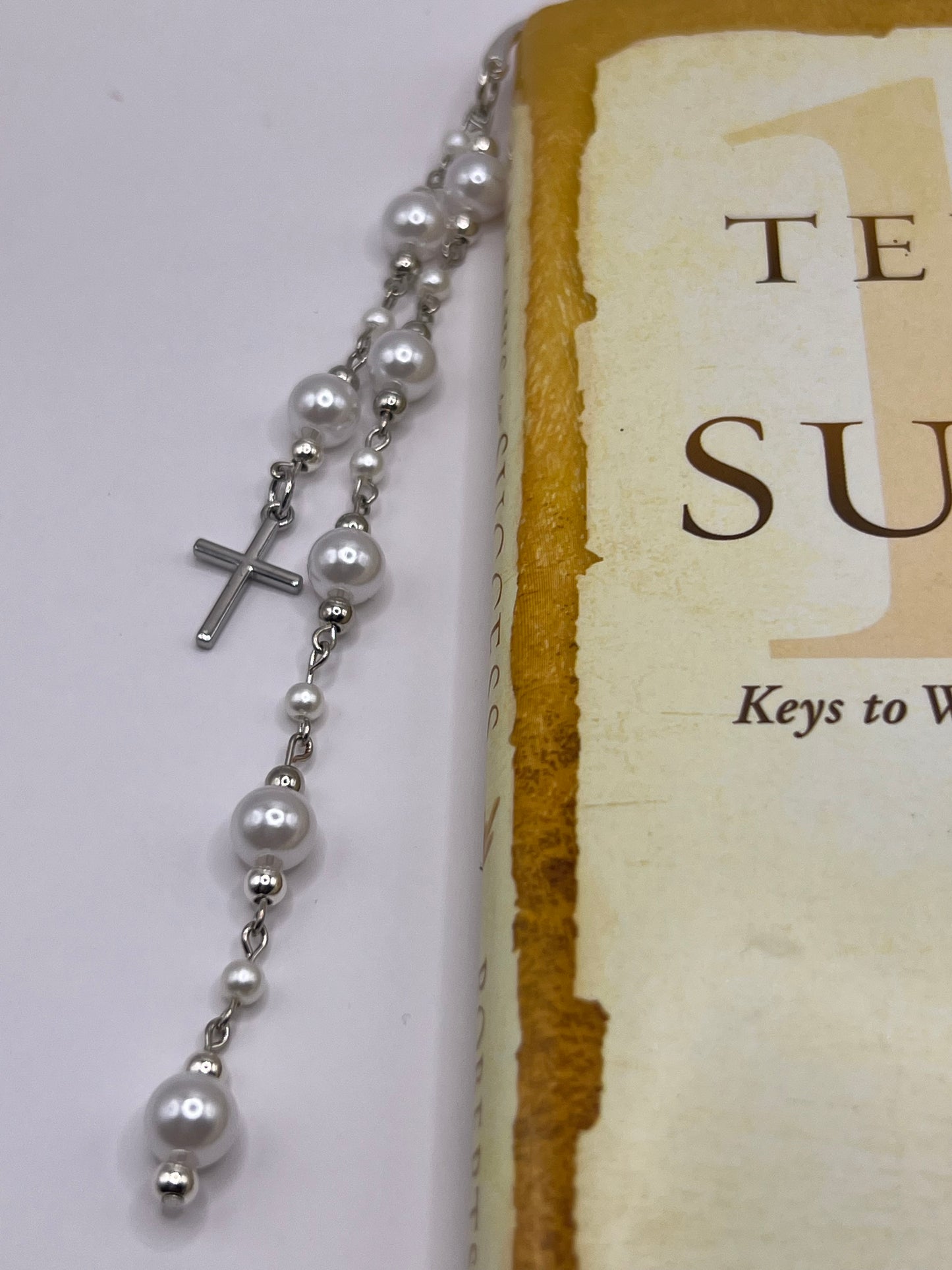 Silver metal cross w/ faux pearls beaded bookmark