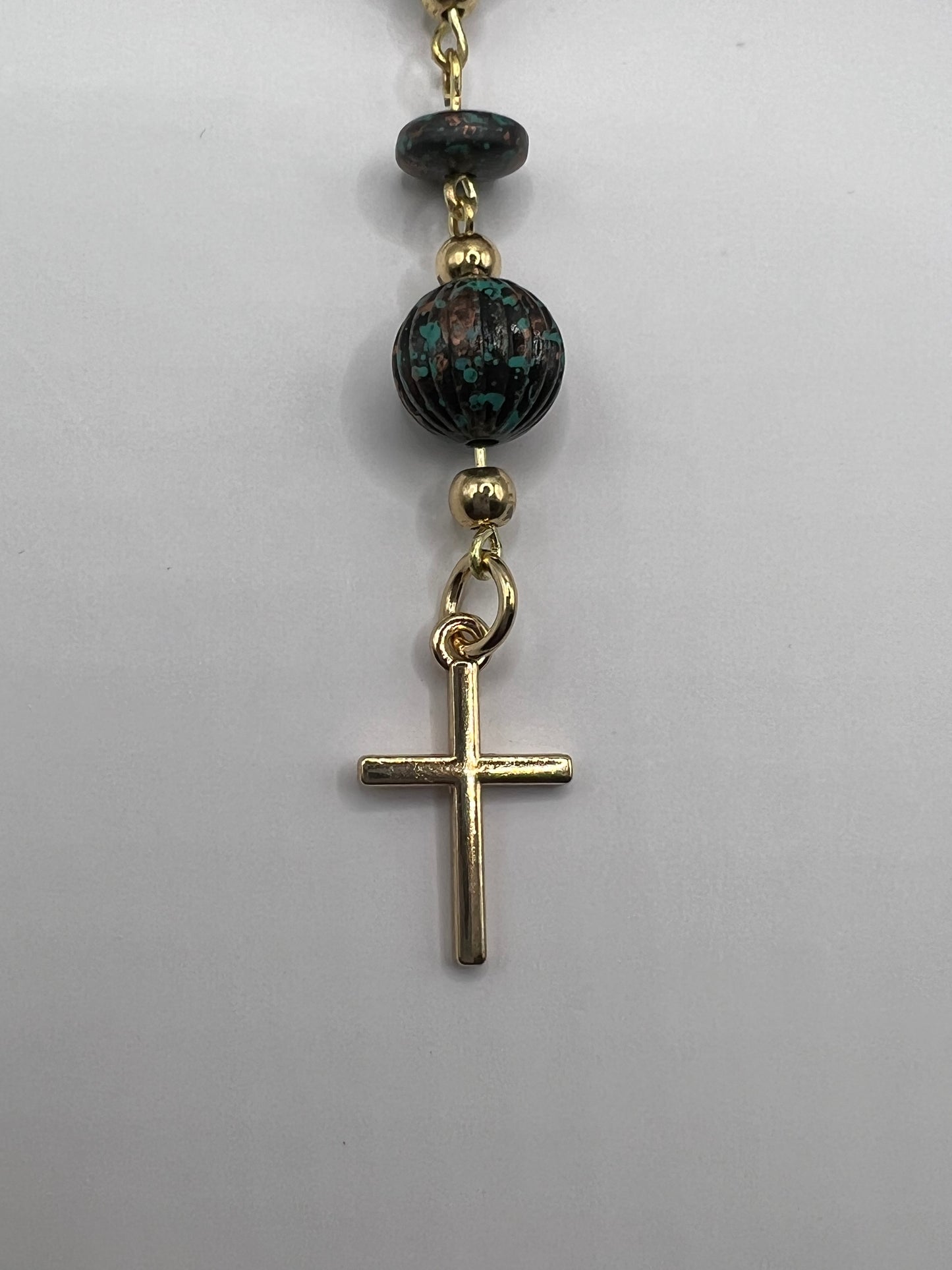 Teal and bronze beaded bookmark with cross charm