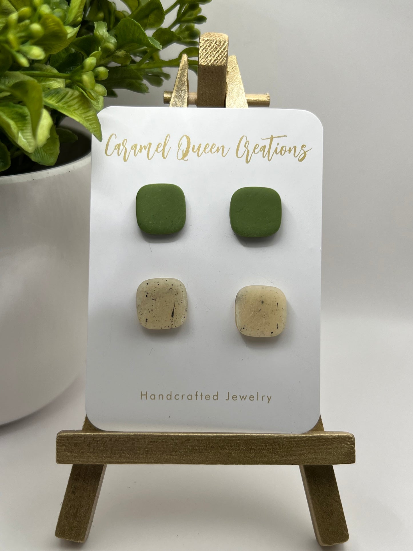 Olive and cream polymer clay stud pack