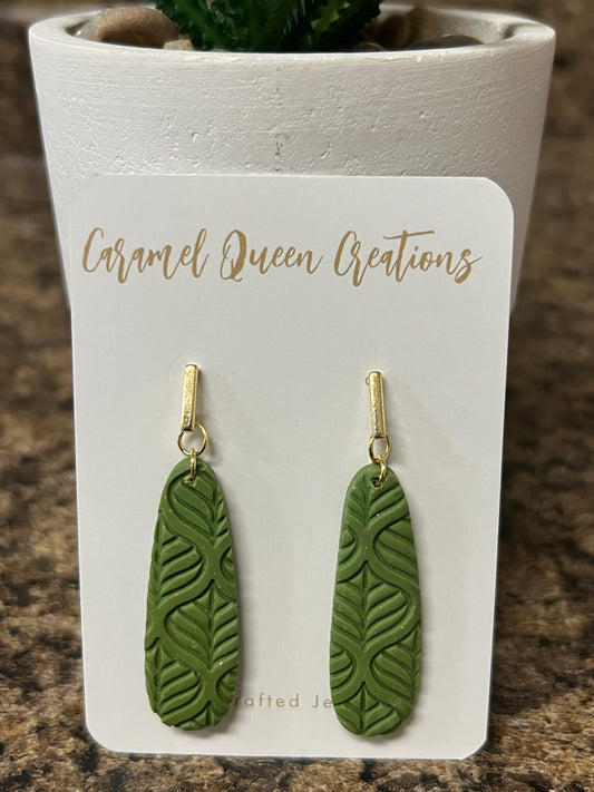 Olive green imprinted long dangle