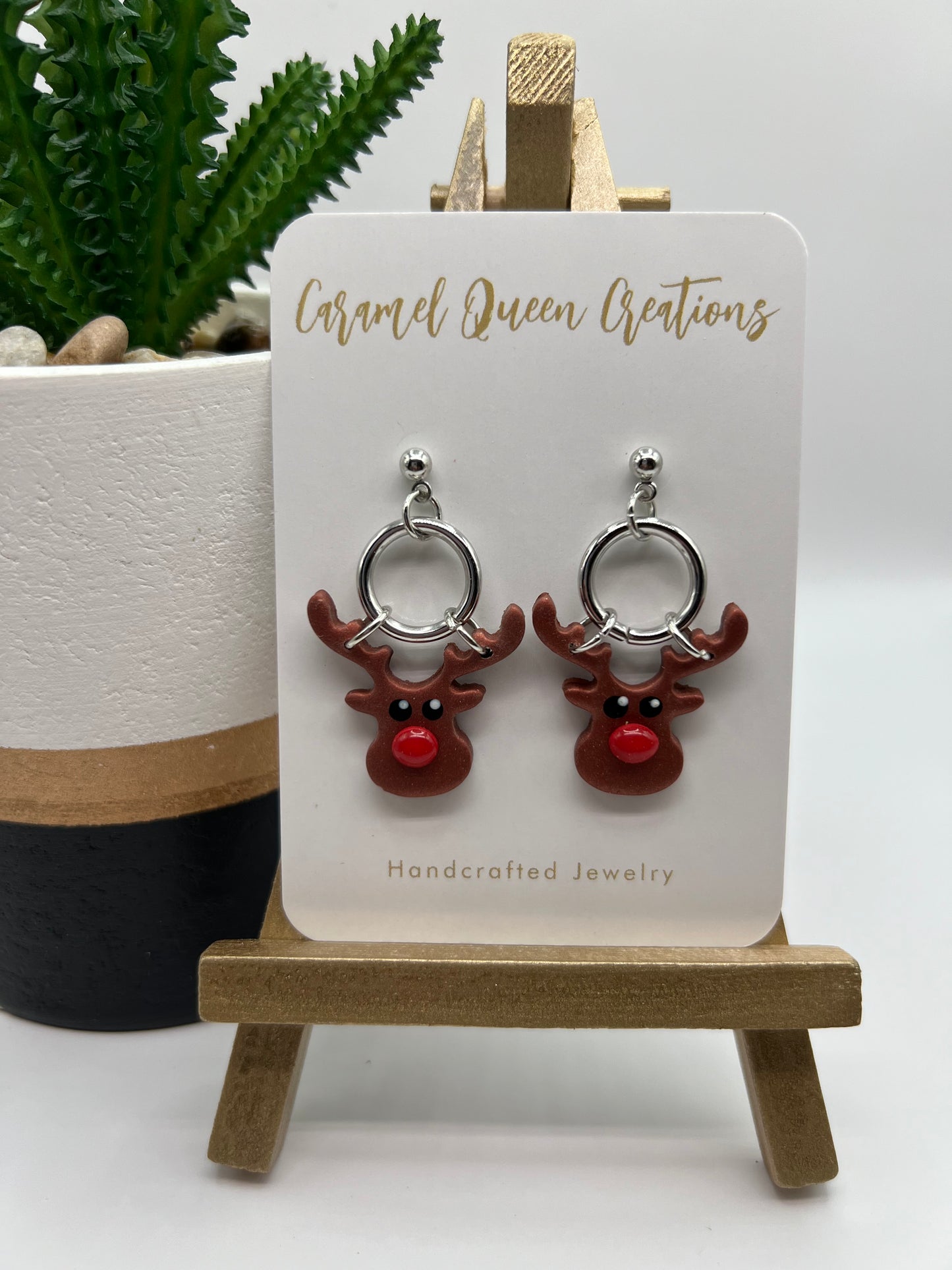 Rudolf the “red nose” reindeer silver hoop dangles