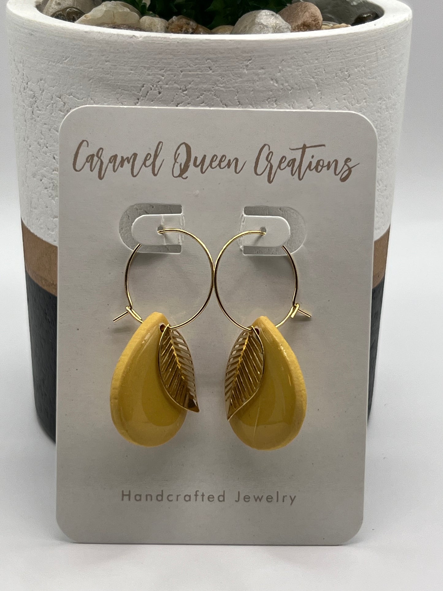 Mustard yellow teardrop gold leaf dangle