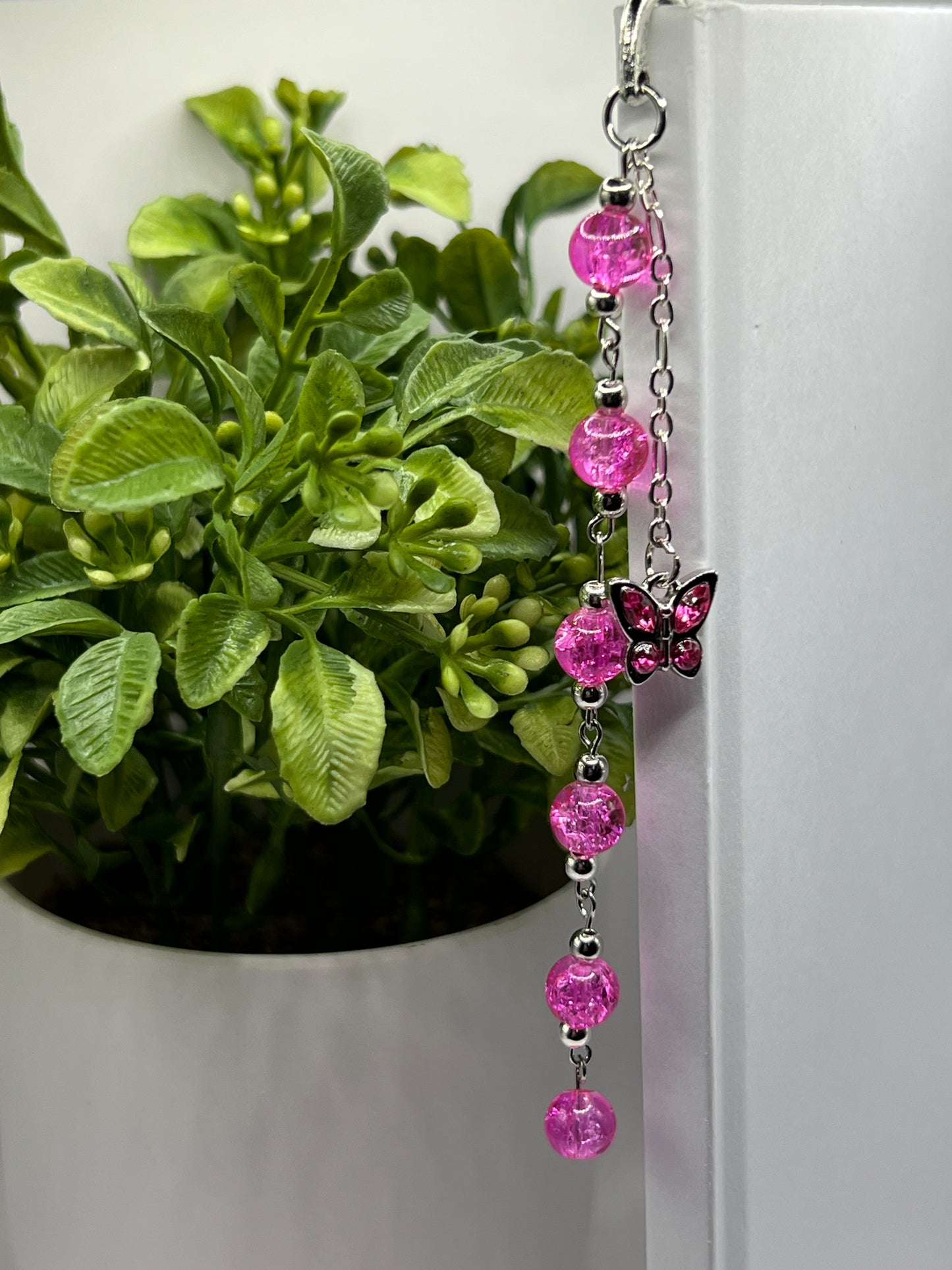 Hot pink butterfly charm beaded bookmark