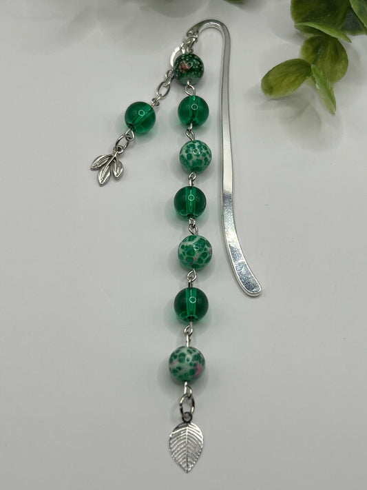 Green silver leaf beaded bookmark