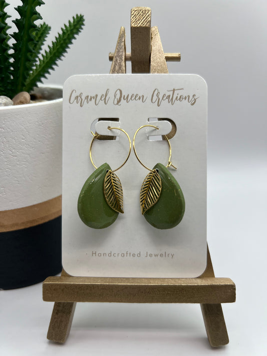 Olive green gold leaf dangle