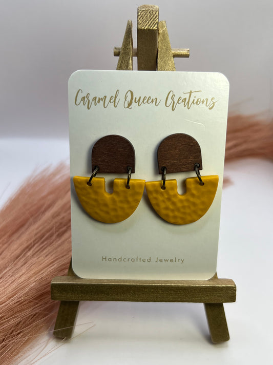 Mustard yellow polymer clay w/faux wood dangles