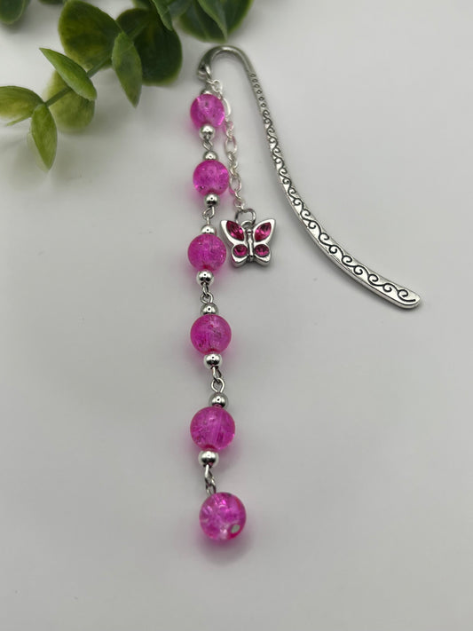 Hot pink butterfly charm beaded bookmark