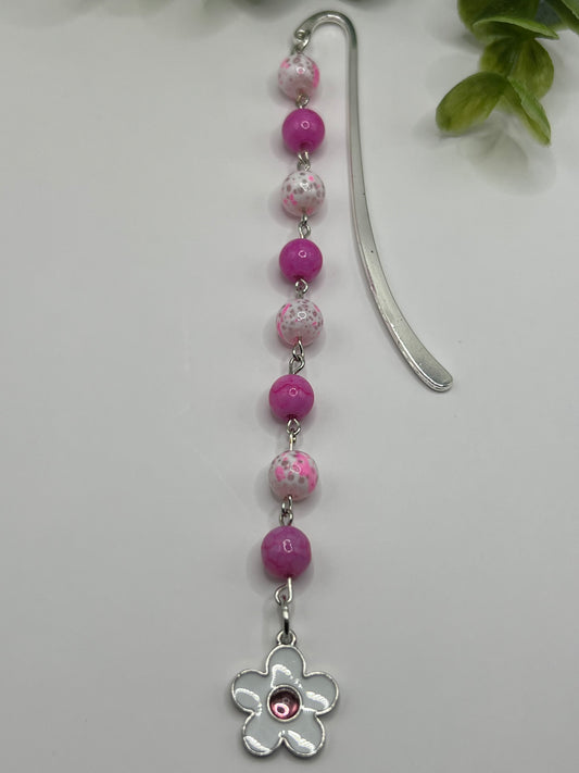 Pink and white flower beaded bookmark