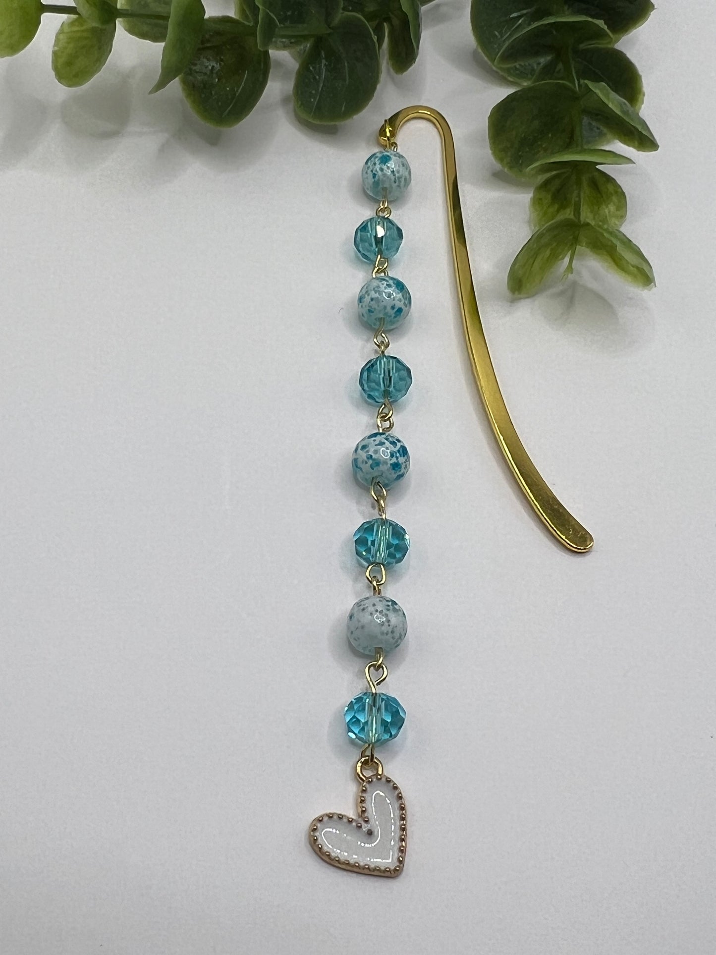 Turquoise and white heart beaded bookmark