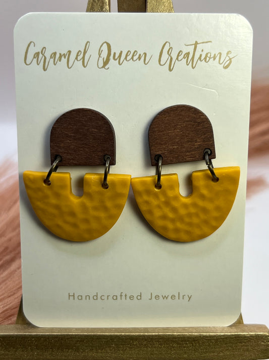 Mustard yellow polymer clay w/faux wood dangles