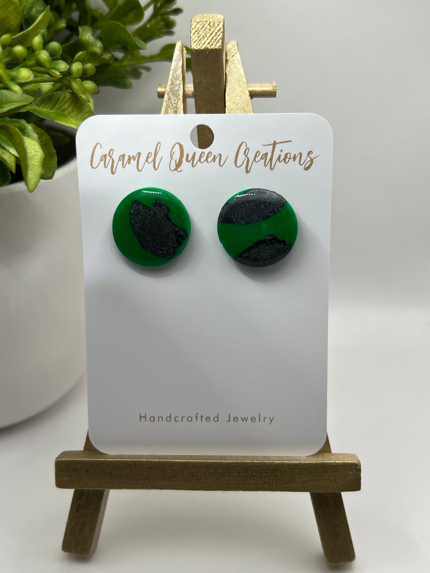 Green and gun metal gray polymer clay stud