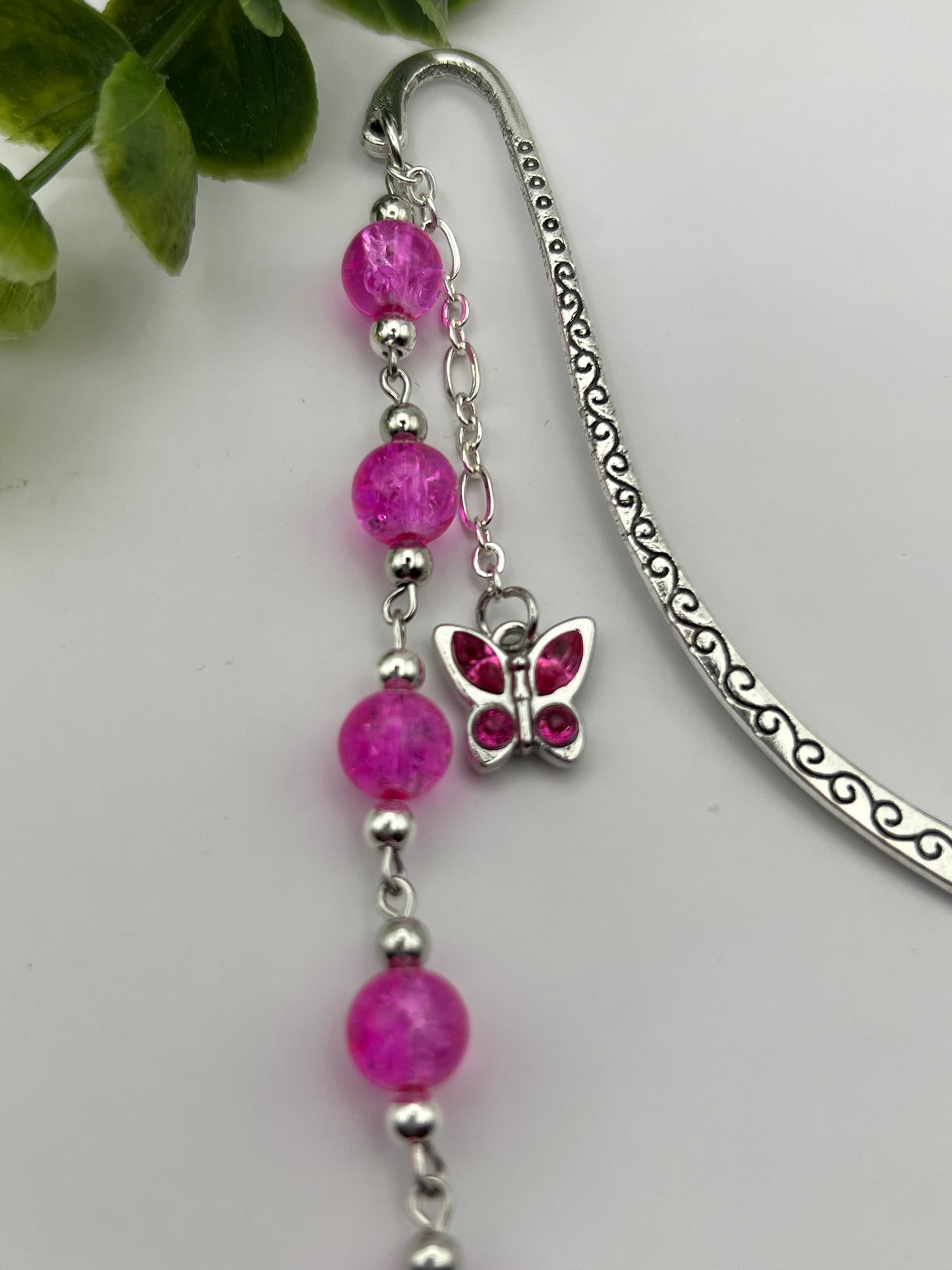 Hot pink butterfly charm beaded bookmark