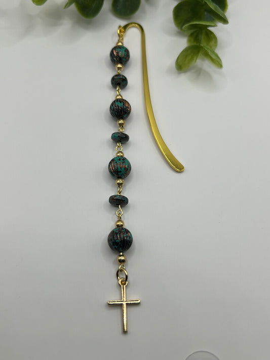 Teal and bronze beaded bookmark with cross charm