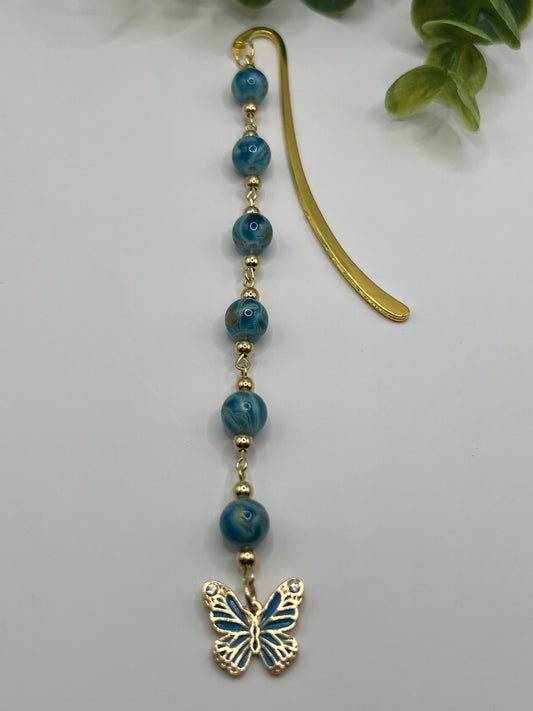 Blue faux marble butterfly beaded bookmark