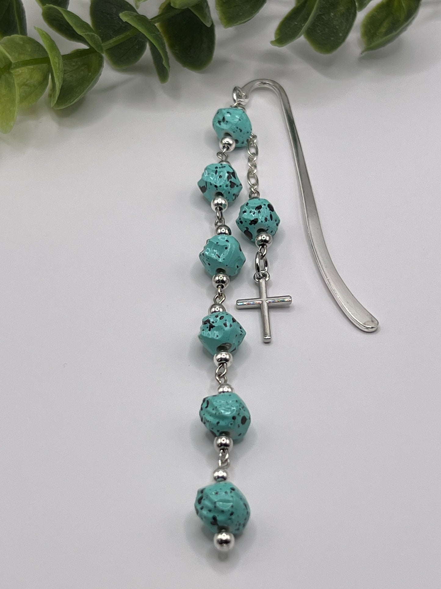 Turquoise with black speckles beaded bookmark