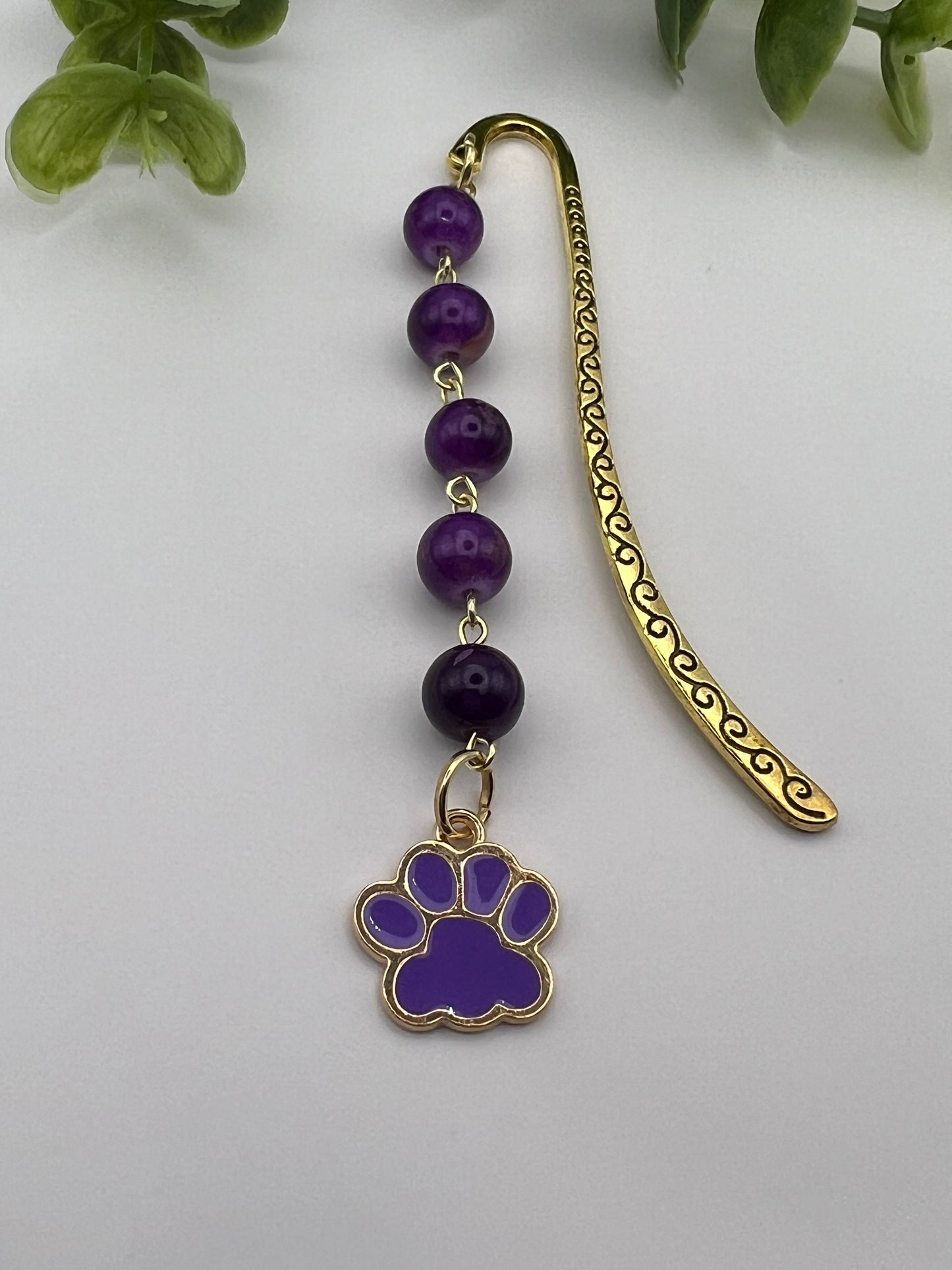 Purple dog paw beaded bookmark