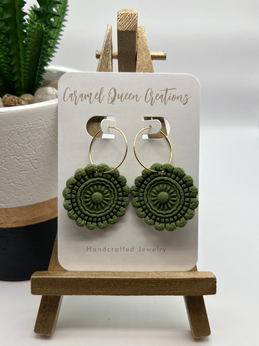 Olive green imprinted polymer clay dangle