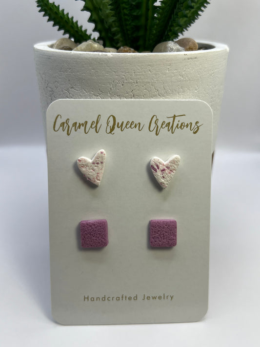 Heart confetti/lavender square stud pack